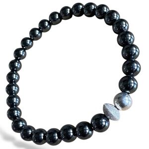Polished 6mm Polished Jet Hematite Stretch Bracelet w/ Sterling Silver Spacers